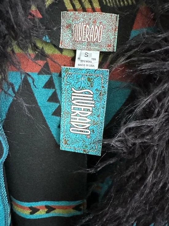 Silverado Teal Aztec Wool Jacket with Black Faux Fur Trim - Picture 4 of 4